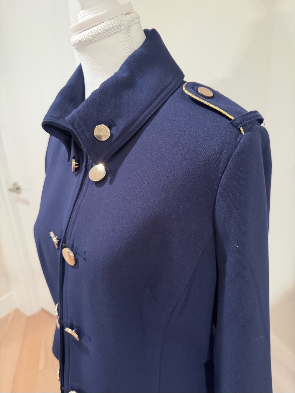 Chico's Navy Military-Inspired Blazer with Gold Trim
